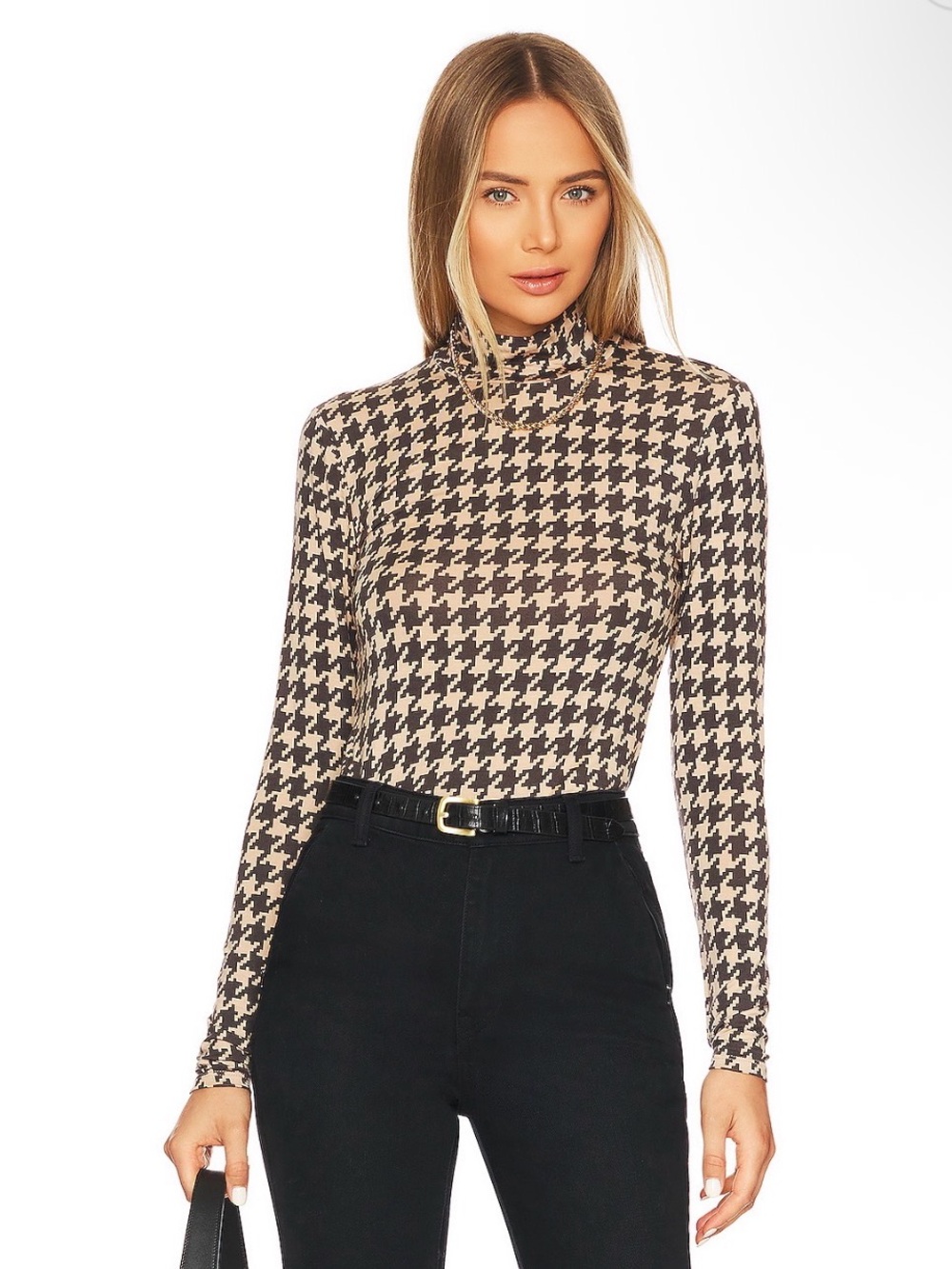 Revolve Houndstooth Mock Neck Long Sleeve Top - Black & Cream